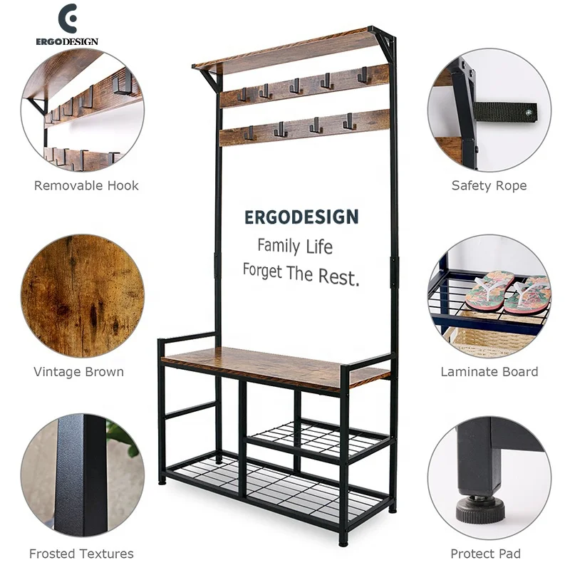 Многофункциональный 3-в-1 прихожей пальто стеллажи для выставки товаров Холл дерево со скамейкой