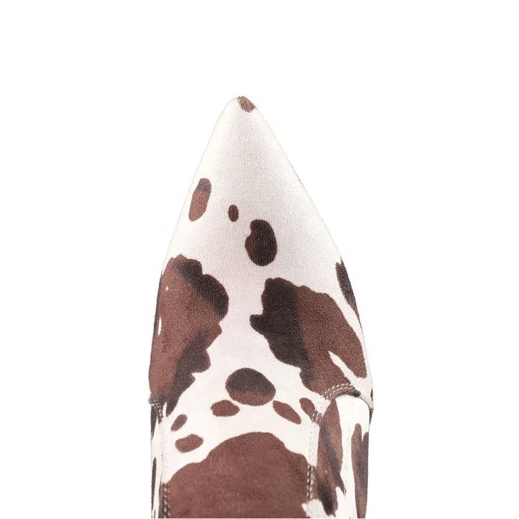 designer boots women famous brands Cow Print Stretch Fabric Pointy Stiletto Heels Thigh High Boots Women Long Boots