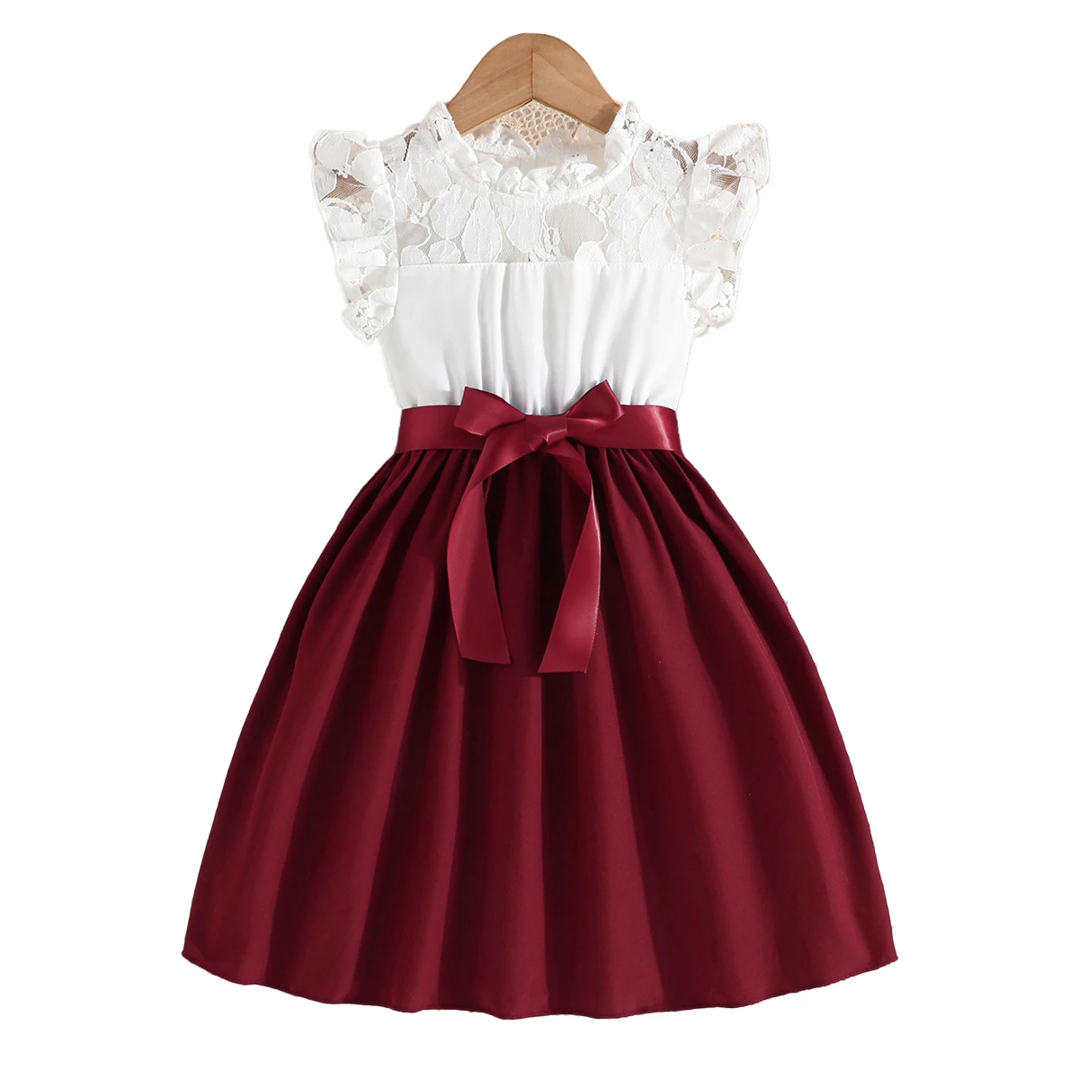 4-7Y kids wholesale clothes summer petal sleeves children daily wear casual clothing girls elegant dress with belt