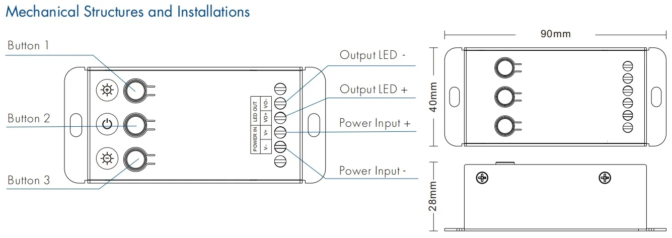 20A 500Hz 2KHz 15A 8KHz 12A 16KHz 0 to 100% 1 channel constant voltage LED RF dimming V1 C LED Dimmer