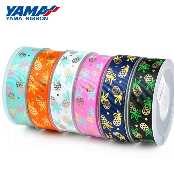 Yama Factory Classic 1 inch 25MM Gold Foil Stamping Craft Printing Grosgrain Pineapple Ribbon