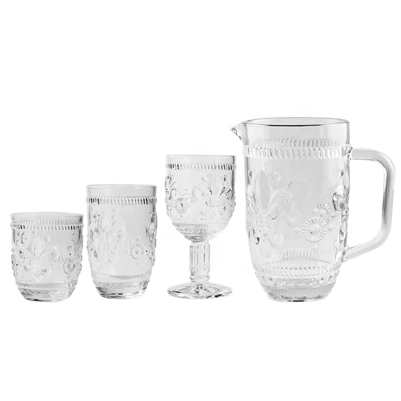Telsen Amazon Hot Sale Vintage Embossed Colorful Juice Water Drinkware Pressed Glass Sets For Wedding