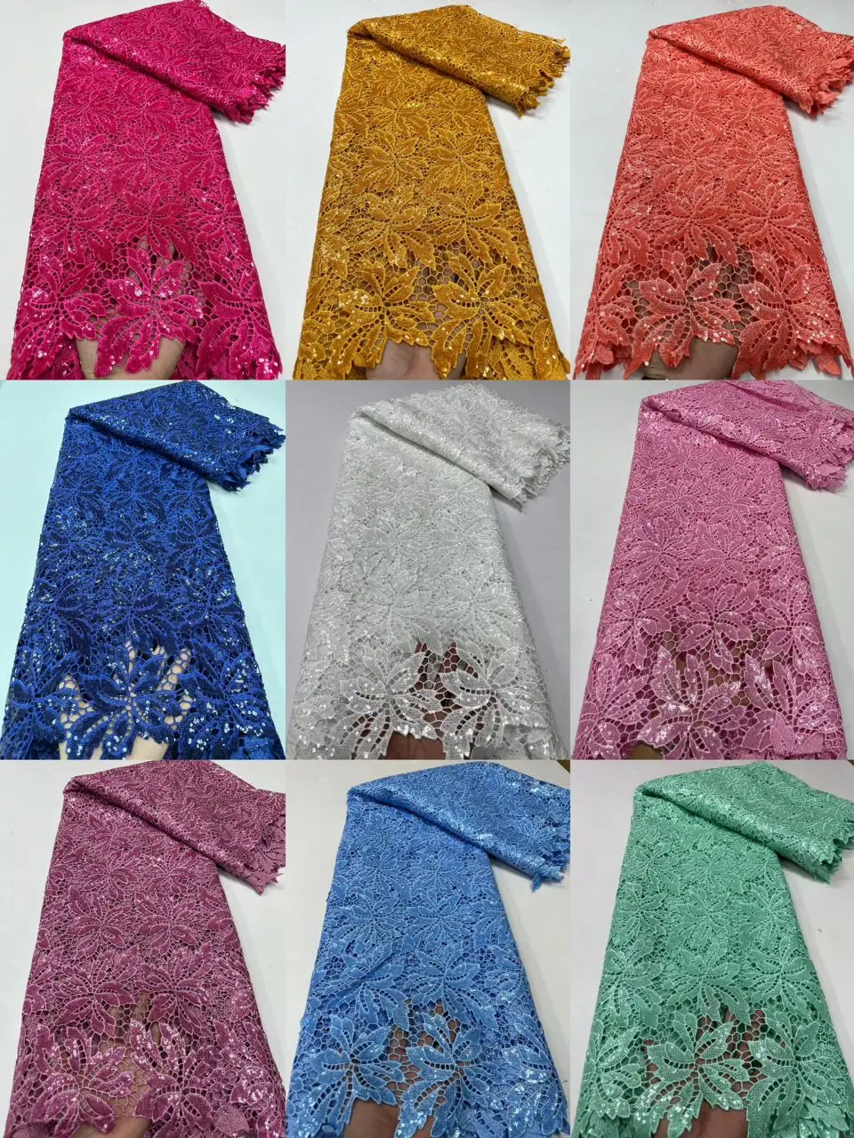 High quality cord lace sequins water soluble white guipure lace chemical