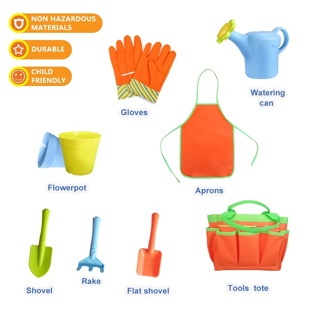 kids garden tools set with a Reversible Bucket Hat/ hand tools and equipment kit shovel fork rake mini garden toy