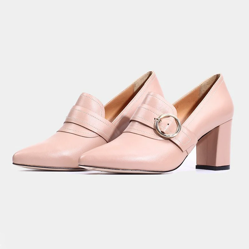 Pointed Toe Slip On Buckle Chunky Heels  Elegant Women Loafer Style Office Pump