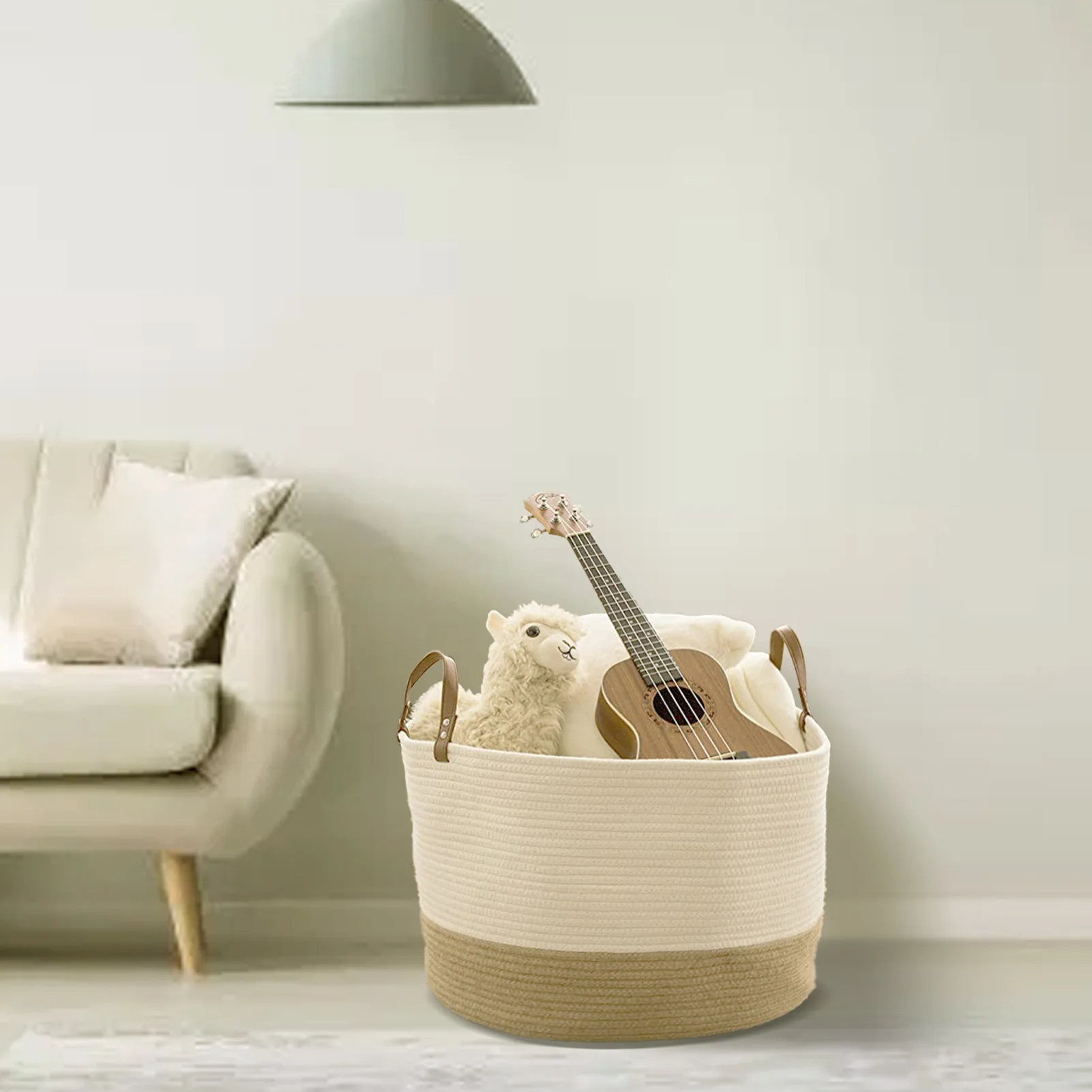 Multi Purpose Large Blanket Basket Living Room Cotton Rope Basket with Real Leather Handles Large Baskets for Blankets Storage
