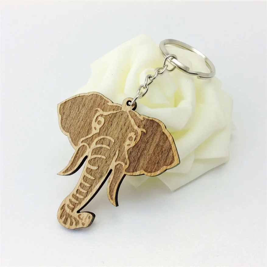 Laser Engraving Wooden Cute Elephant Design Keychain Bamboo Key Chain Craft Party Gift