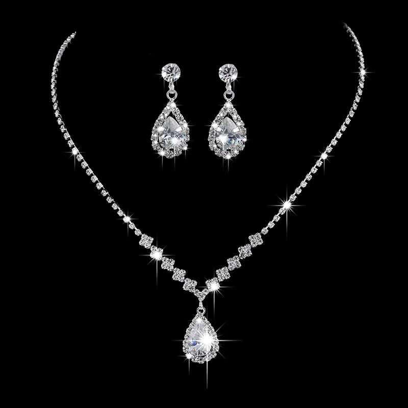 Bride Silver Necklace Earrings Set Crystal Bridal Wedding Jewelry Sets Rhinestone Choker Necklace Jewelry for Women and Girls