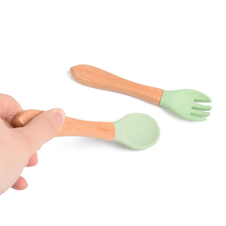 Wholesale Hot Selling Custom Bamboo Organic Silicone Baby Feeding Spoon Fork
