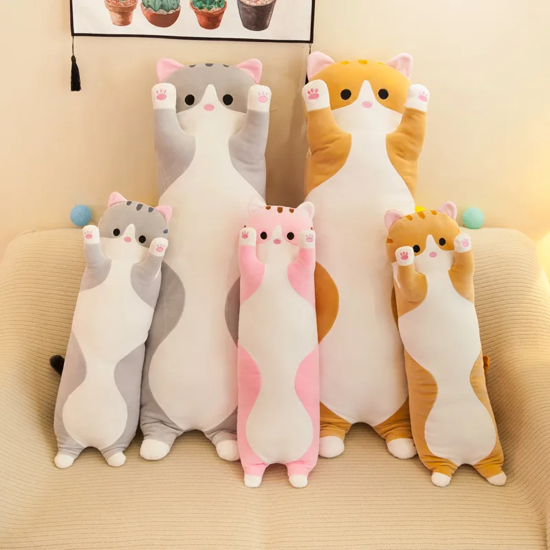 high quality big size stuffed animal cat pillow toys cute cat long plush silk sleeping cushion pillow