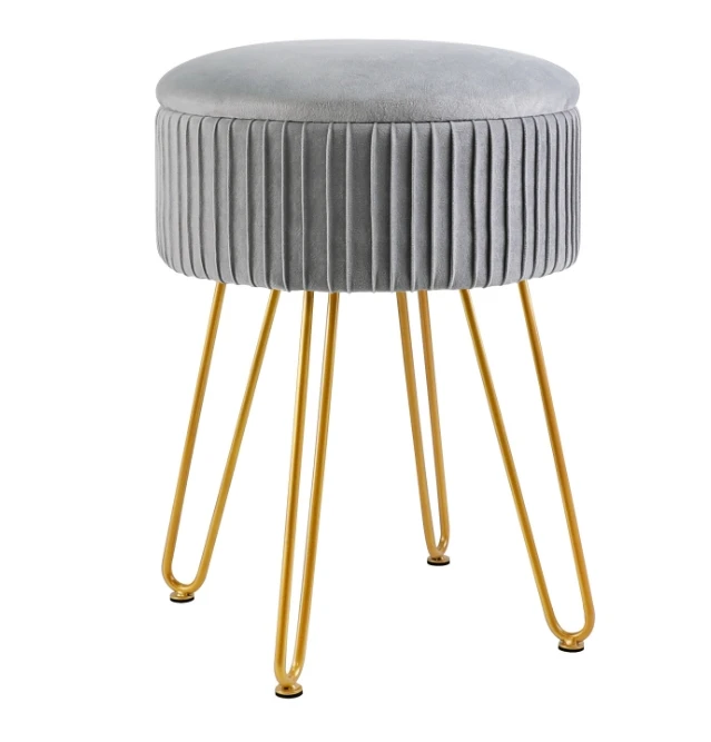 Circular velvet footrest ottoman for makeup vanity, velvet dressing table stool, pouf couch seat with golden legs