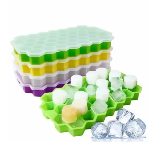 Food Grade Eco-friendly Honeycomb Shape 37 Holes Silicone Ice Cube Tray Mold With Lids