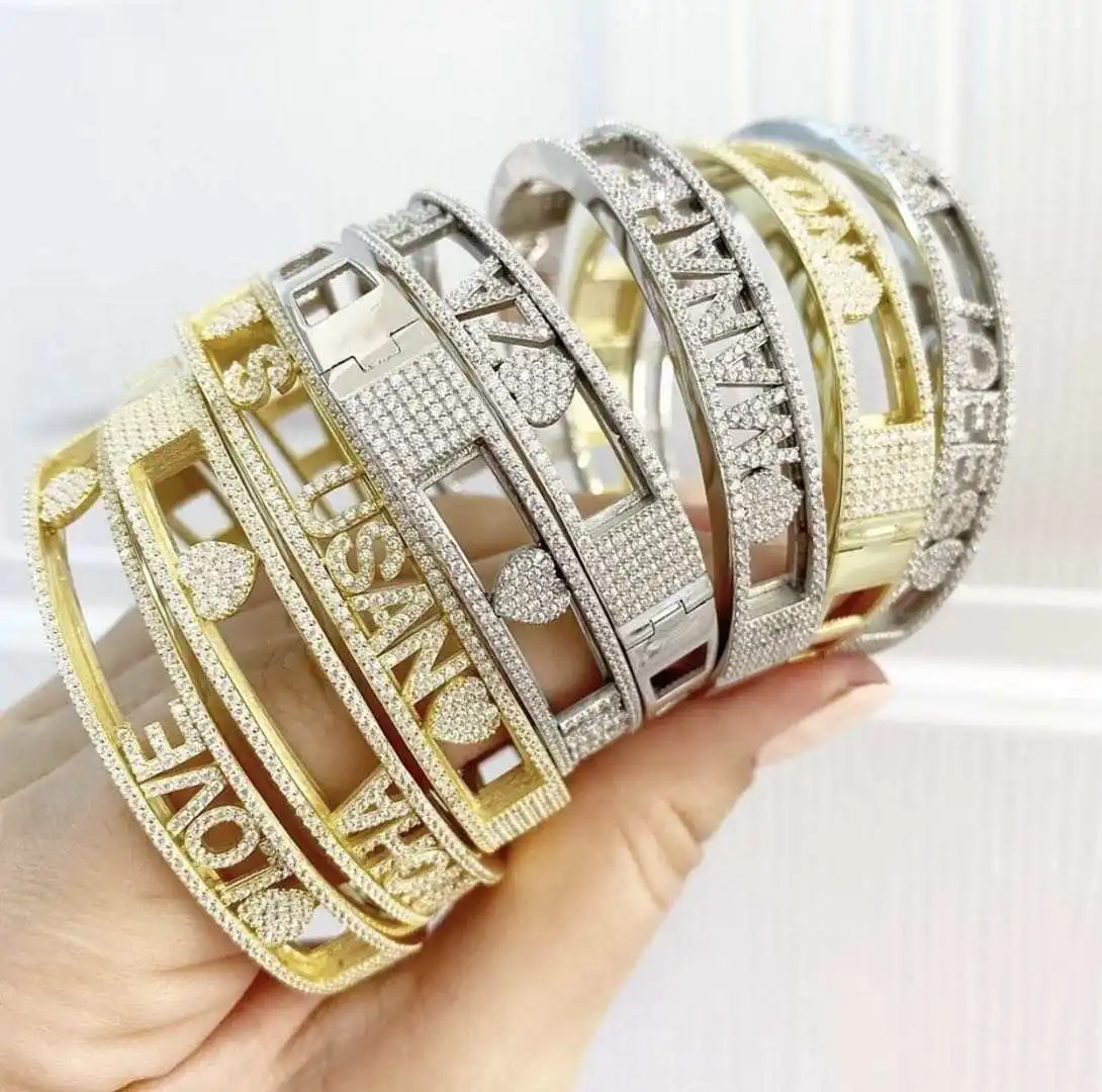 Personalized Sliding Letters Bangles 26 Alphabet Initial Moving Letter Name Bangle Custom Rapper Jewelry