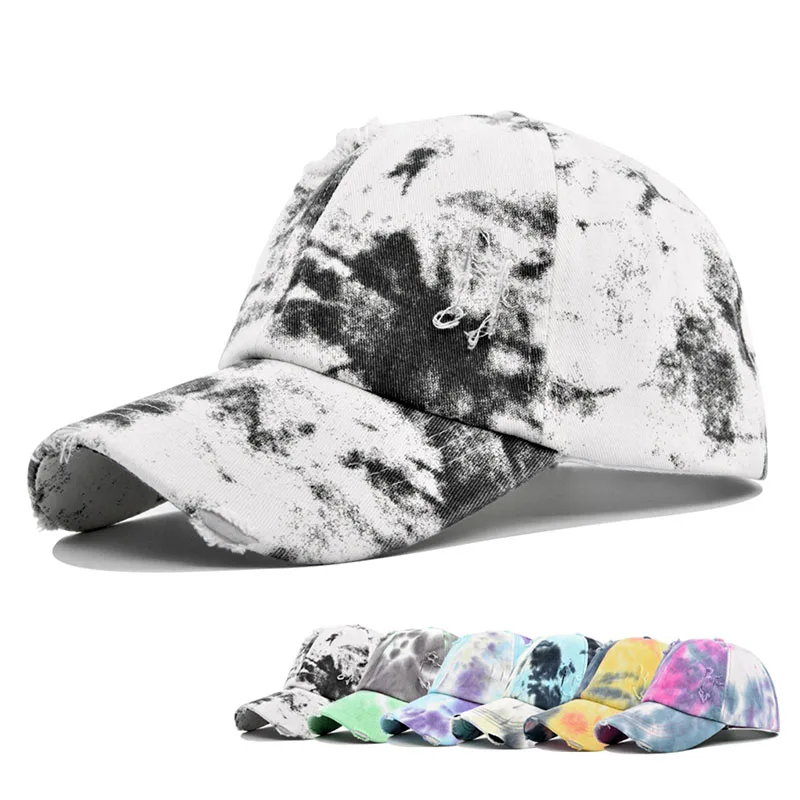 Hot Selling Cap Fashion Women Stylish Tie Dye Baseball Caps Worn-out Distressed Vintage Dad Hat With Custom Embroidered Logo