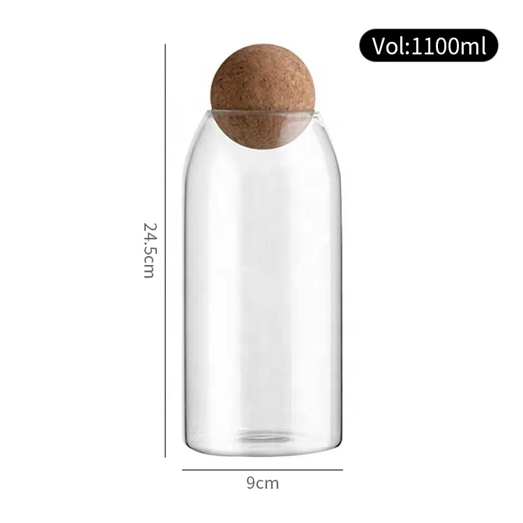 Heat safe high Borosilicate glass container glass jar with ball cork lid for candle tea coffee sugar storage jar glass