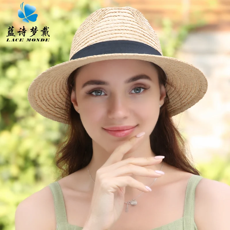  Raffia straw female summer sunscreen sun decoration Panama hat simple Japanese beach flat top sunshade
