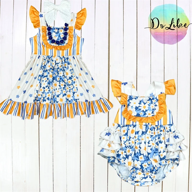 Summer kids clothing sunflower baby girl dress girls fancy dress with bow