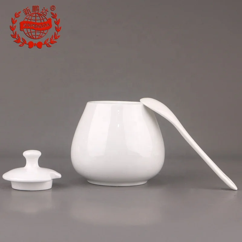 High quality White round Design Bone China Sugar Pot Ceramic sugar jar with spoon