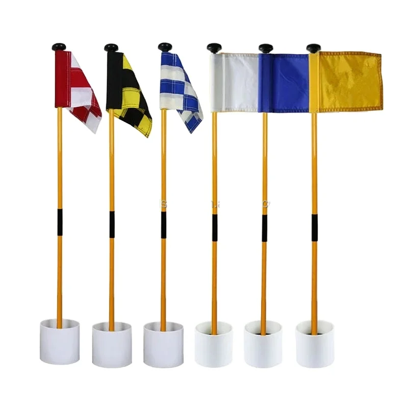 Foldable Plastics Tube Solid Color or Checkered Flags + Standard Stick Flag Pole + plastic Cup Golf Course Golf Flag Set