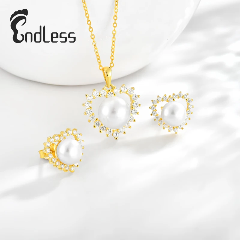 Wholesale Design Top Quality S925 Silver Jewelry Sets 18K Gold Plated Heart Shape Freshwater Pearl Stud Earrings Necklace Women