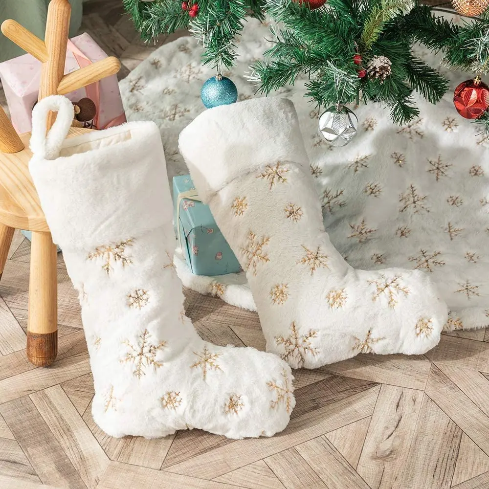 Large size sublimated white plush embroidered snowflake Christmas stocking custom made