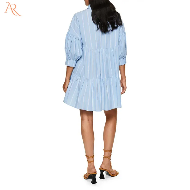 Wide and stylish layering cotton half sleeve pleated shirt skirt mini skirt