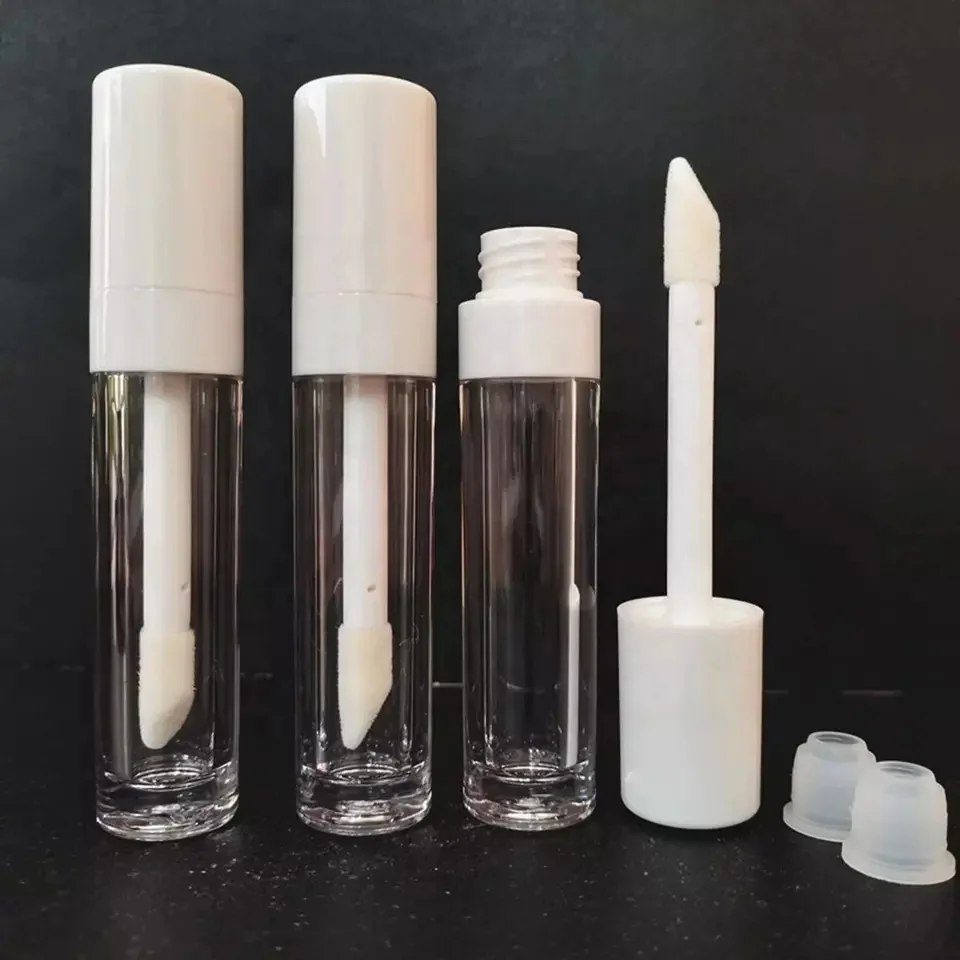 Empty black top thick crystal transparent lip gloss containers tube lip glaze packaging with middle ring and big brush wand 8ml