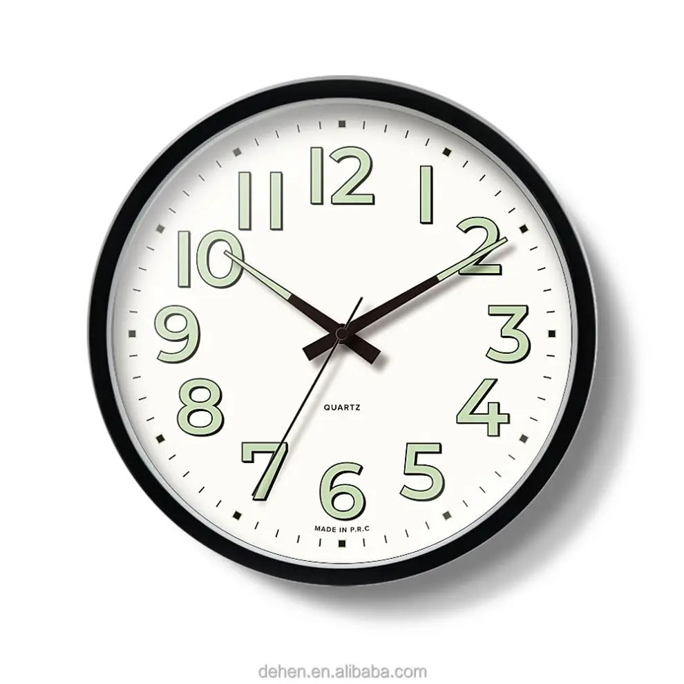 12 inch Modern plastic luminous Wall Clock Fluorescence Silent Custom Quartz Clock Battery Powered Decorative Wall Clock for Off