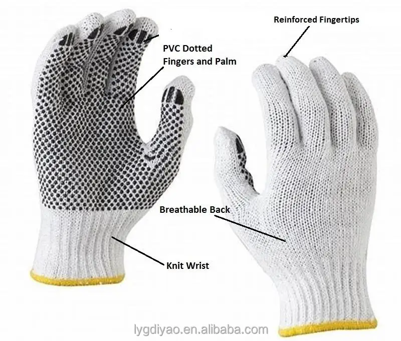 Factory Wholesale Price Single Side Black PVC Dotted Bleach White Cotton Safety Gloves