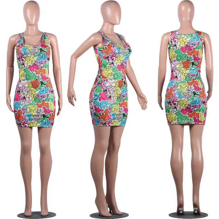 rugrats Hot selling Cartoon printing Lady Elegant Summer Sexy fashion casual Clothes Women Girls' Casual Dress