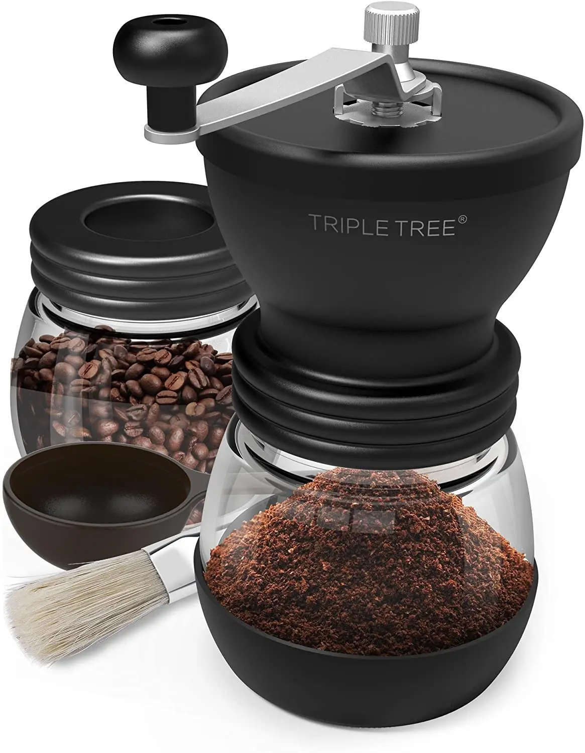Manual Coffee Grinder with Ceramic Burrs Hand Coffee Mill with Two Glass Jars(11oz each), Brush and Tablespoon Scoop