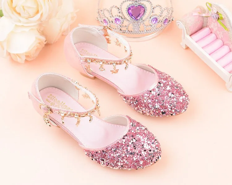 New Princess Fashion Girls Shoes Glitter Shiny Sandals Girls High Heel beautiful Shoes With Rhinestone School Party Show Shoe
