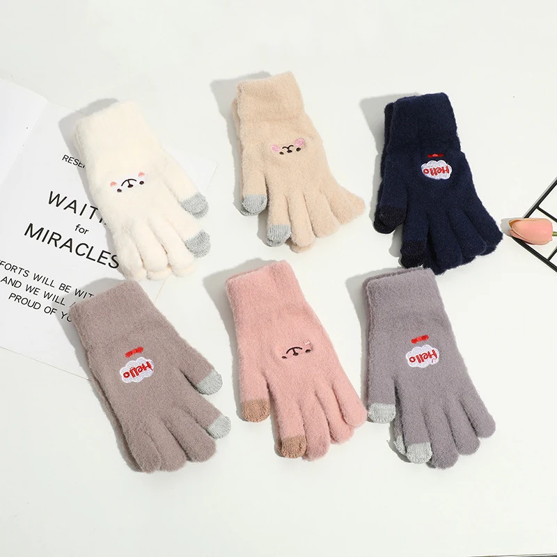 Korean Style Solid Color Women Men Mitten Winter Warm Touck Screen Thickeend Gloves Stretch Knitted Gloves