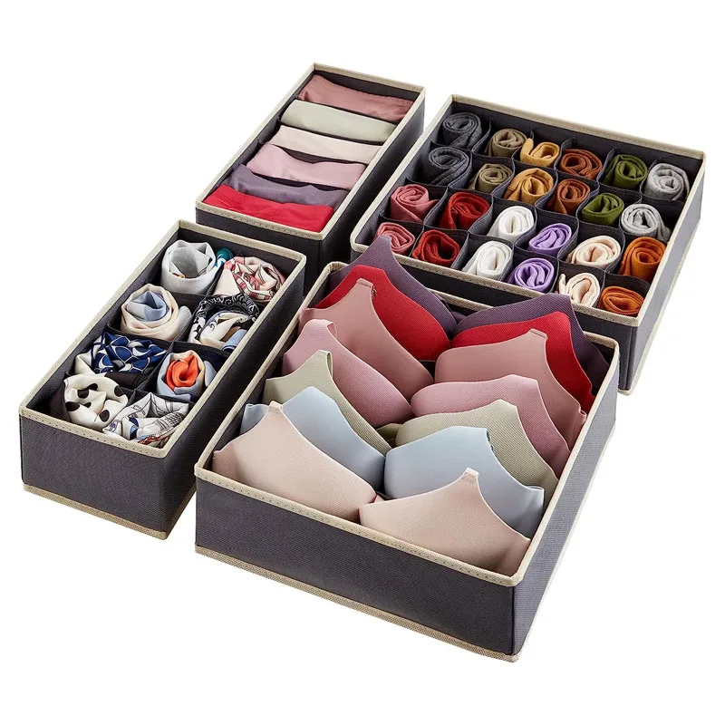 Low MOQ Set 4 Foldable Bra Sock Underwear Storage Organizer Cloth Fabric Dresser Drawer Divider Box