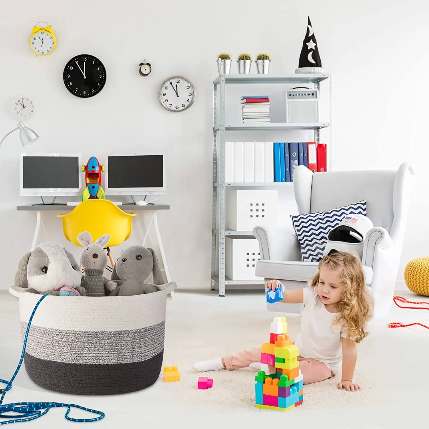 Custom wholesale handmade cotton rope storage basket decorative braided large baby Woven  toy laundry coil basket with handles