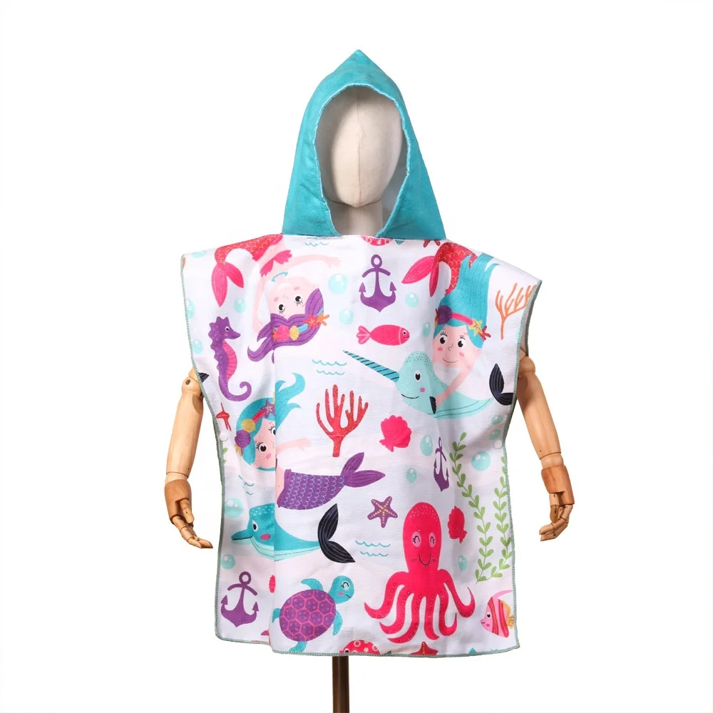 Ready To Ship Top Quality Swimming Microfiber Printed Carton Baby Children Hooded poncho Beach Towel For Kids