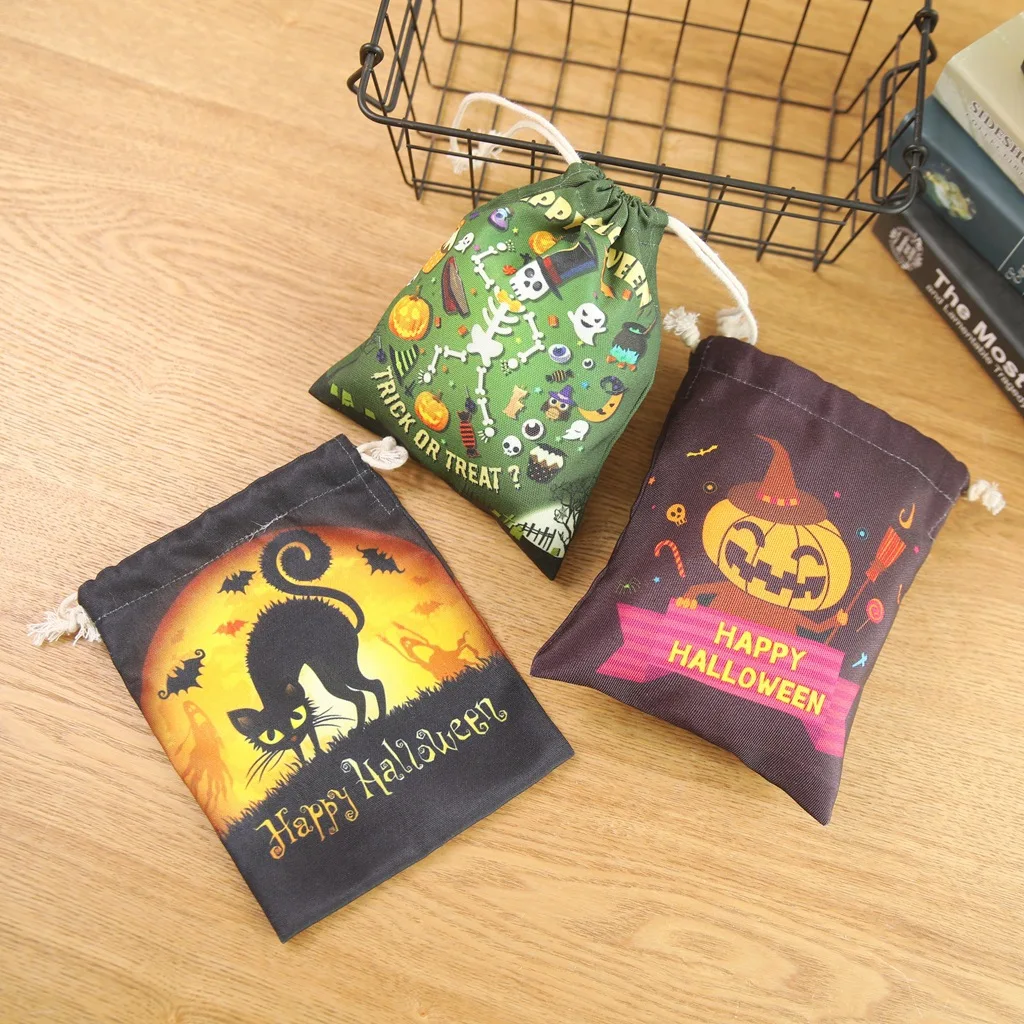 Amazon Hot Sale Wholesale In Stock Halloween Party Supplies Fashion Custom Cotton Canvas Drawstring Candy Bag For Promotional