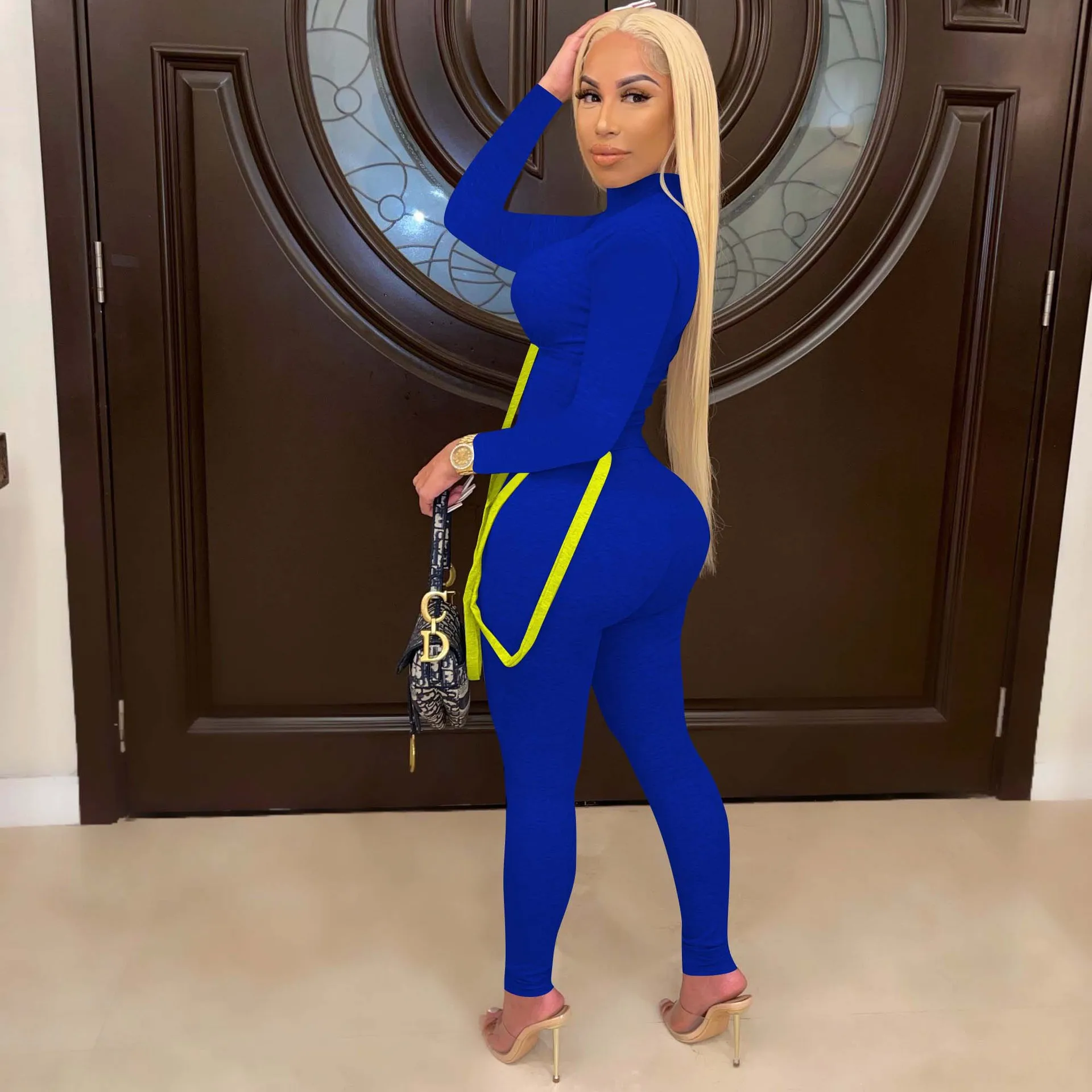 Wholesale Lace Up Top and Leggings 2 Piece Sets Sexy Fitness Contrast Color Jogger Set Knit Two Piece Elastic Pants Outfits