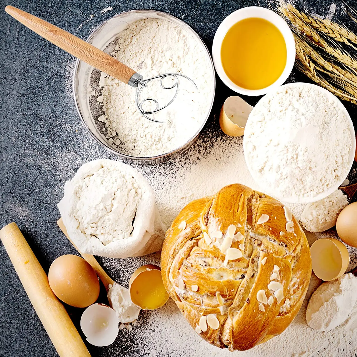 Частная марка Длинная Деревянная ручка и нержавеющая сталь хлеб датский венчик инструмент для выпечки теста Смешивания