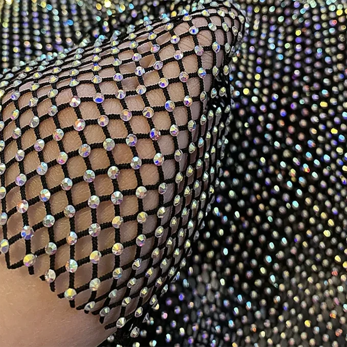 Custom High End Rhinestone Glitter Fabric Mesh Elastic Rhinestone Fabric Mesh Crystal Net Fishnet Rhinestone Mesh Fabric