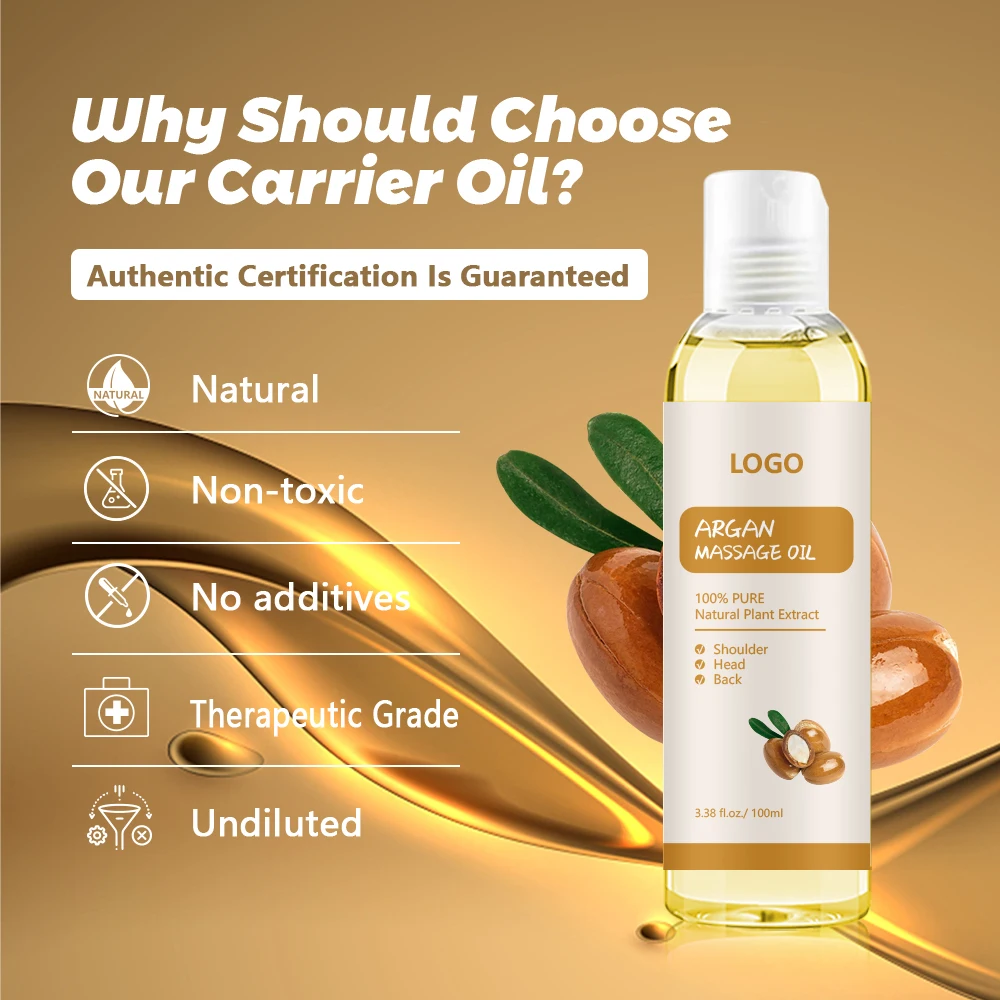 Huile essentielle bio Argania spinosa Oil Bulk Factory, Custom 100mL Pure Argan Oil Morocco Massage Oil For Body Massage therapy