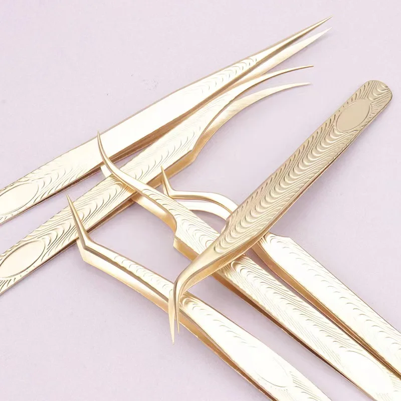 Wholesale Gold Fiber Tip volume Lashes Tweezers for False Eyelash Extension individual custom logo 90 degrees fiber grip tweeze