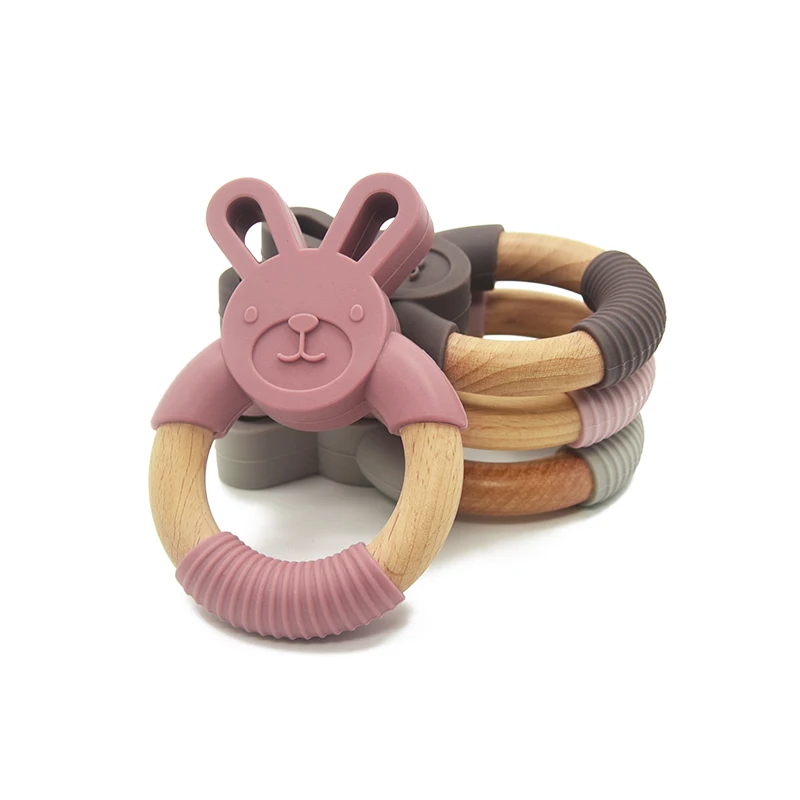 Food Grade Silicone Accept Custom Color Low MOQ BPA free Silicone Wooden Bunny Teether Ring For Baby Rabbit Shape Baby Teetheing
