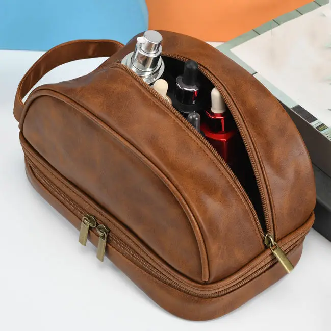 Advanced travel leather toiletry bag for men large travel shaving toilet bag dopp kit