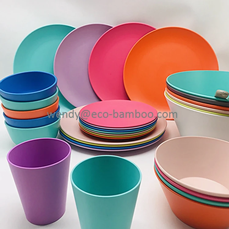 BambooTalk Durable recycled PP Dinnerware set serve for 4 , dinnerware Melamine free Tableware bamboo RPET plate and dishes