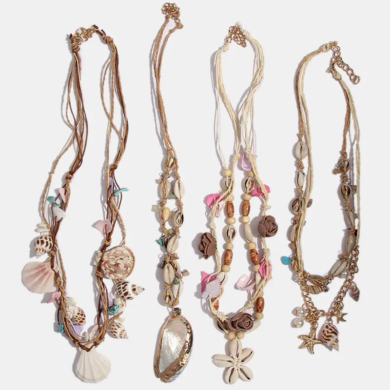Bohemian Beach Wedding Party Jewelry For Women Hemp Rope Beaded Scallop Choker Necklace Shell Conch Starfish Pendant Necklace