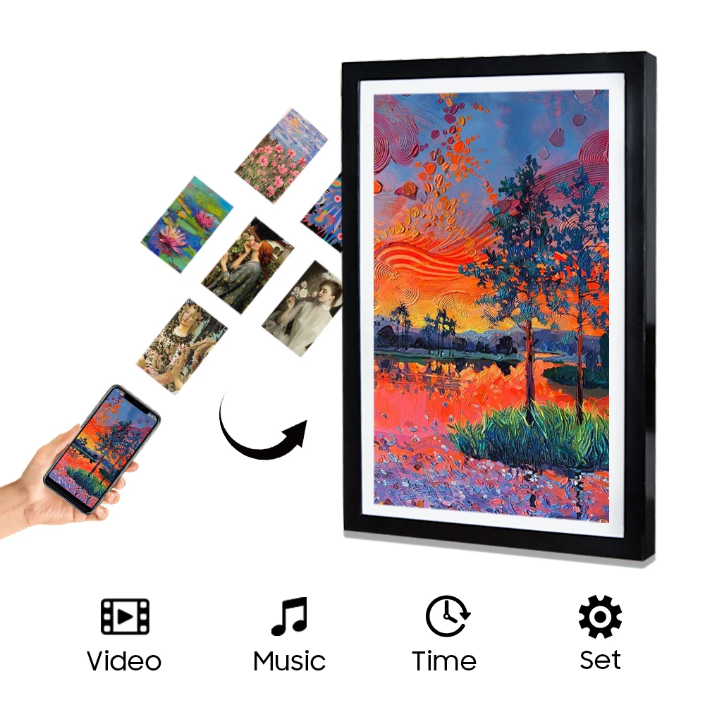 Smart Wifi Digital Photo Frame with App 32 Inch 1920*1080 FHD OEM Clock Wood Large Photo Frame Display Frame Screen 16GB