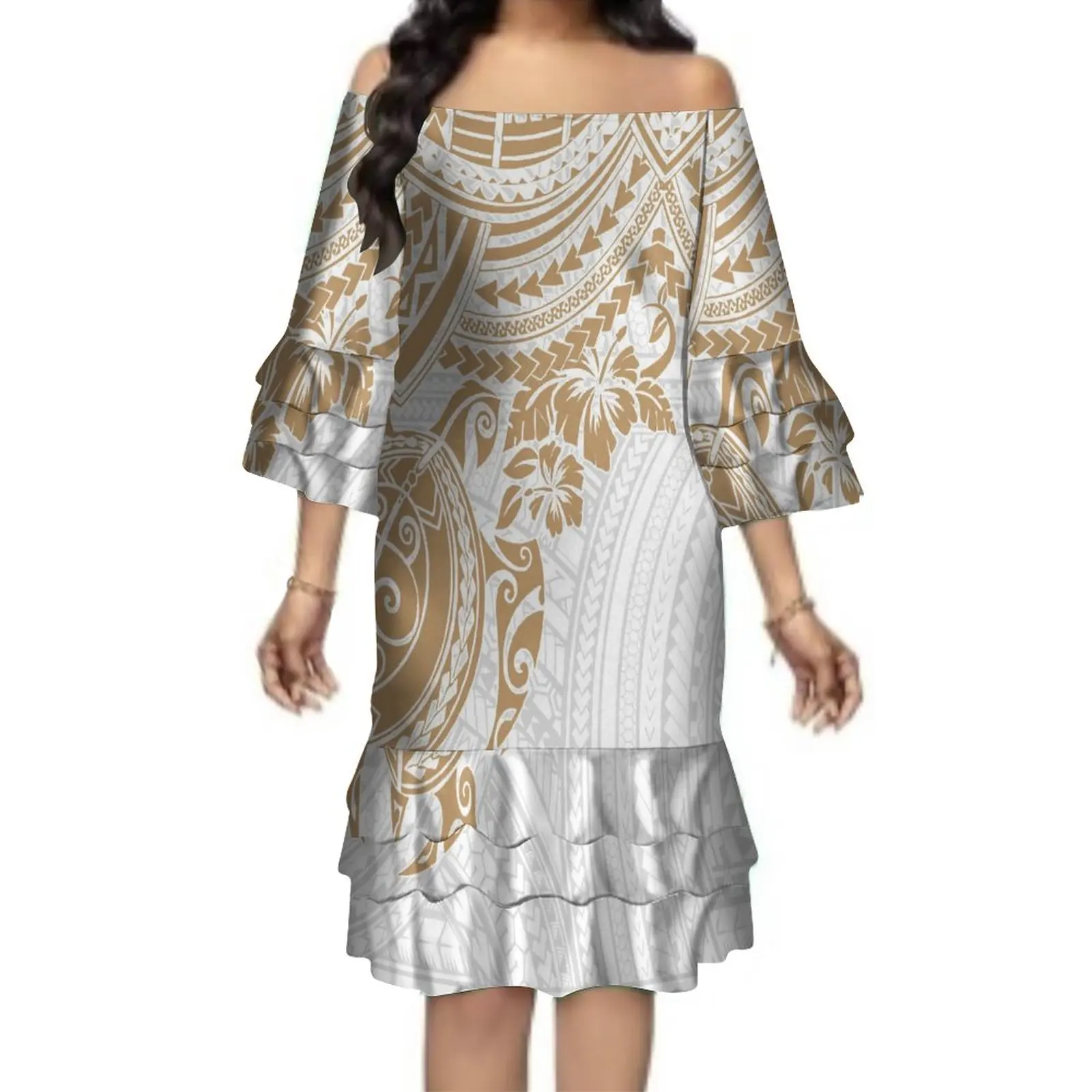 New Hot Selling Golden White Hibiscus Flower Polynesian Dress Layered Pleated Ruffle Ladies Mini Skirt Party Sexy Short Dresses