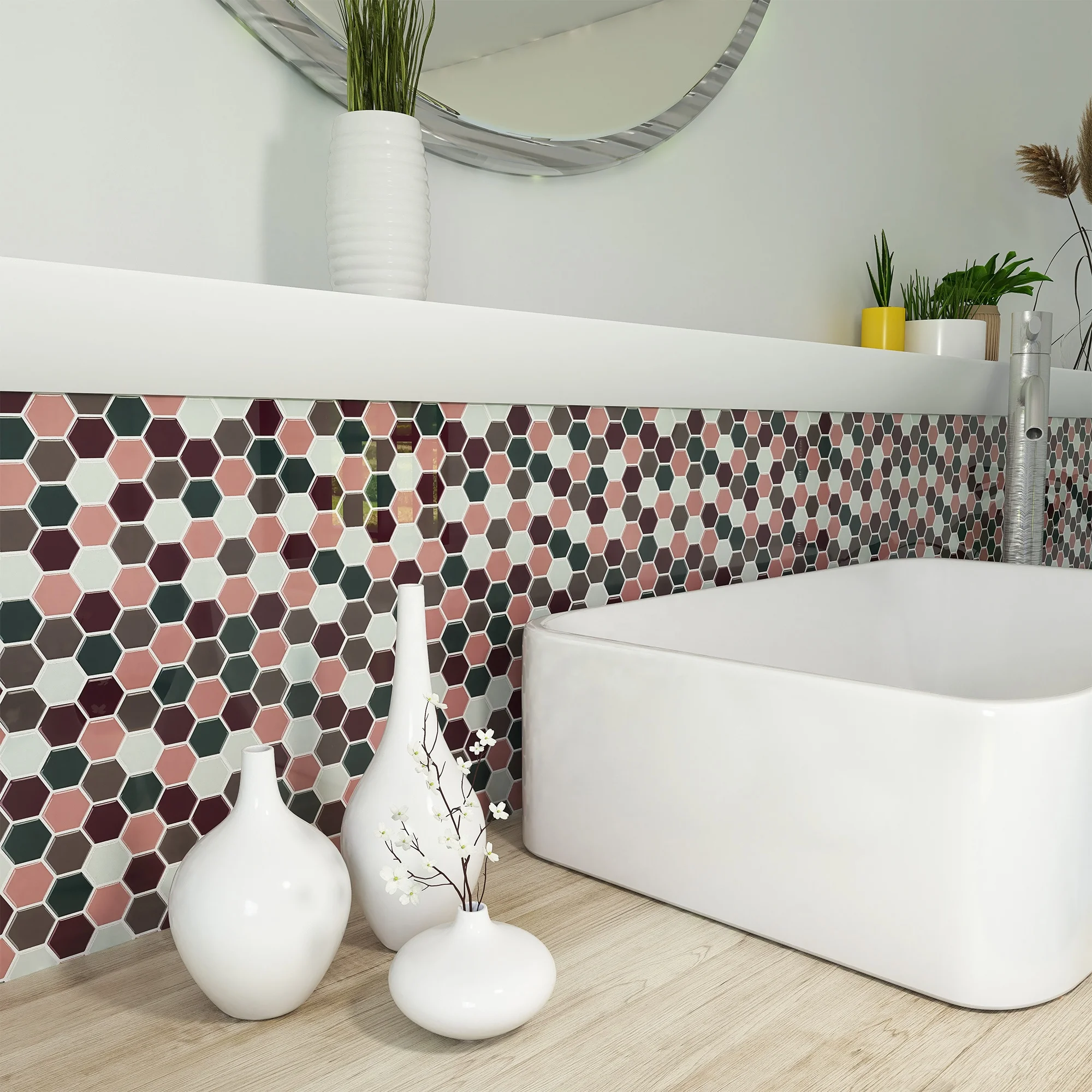 Modern Decor Hexagon Self Adhesive Mosaic Sticker Peel And Stick Backsplash Tiles For Kitchen Bathroom Bedroom Wall