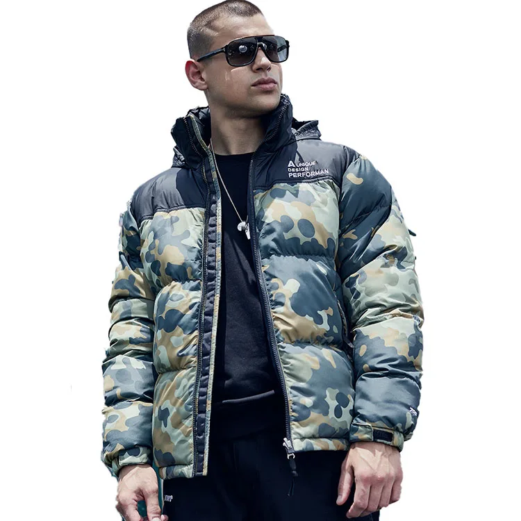 Wholesale Custom Winter Windbreaker Bomber Jackets Coats Camo Puffer Cotton Padded Bubble Down with Hoodie Canvas Woven for Men